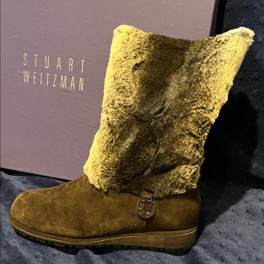 Stuart Weitzman Tan Fur-Trimmed Winter Boots